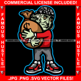 Famous Hustle Dripping Gangster President Ben Franklin Red Shirt Huge Cash Money Bag Face Tattoos Paisley Bandanna Skull Cap Hip Hop Rap Plug Trap Ghetto Swag Thug Hustler Hustling Drip Rich Art Graphic Design Print Printing Vector SVG Cut File