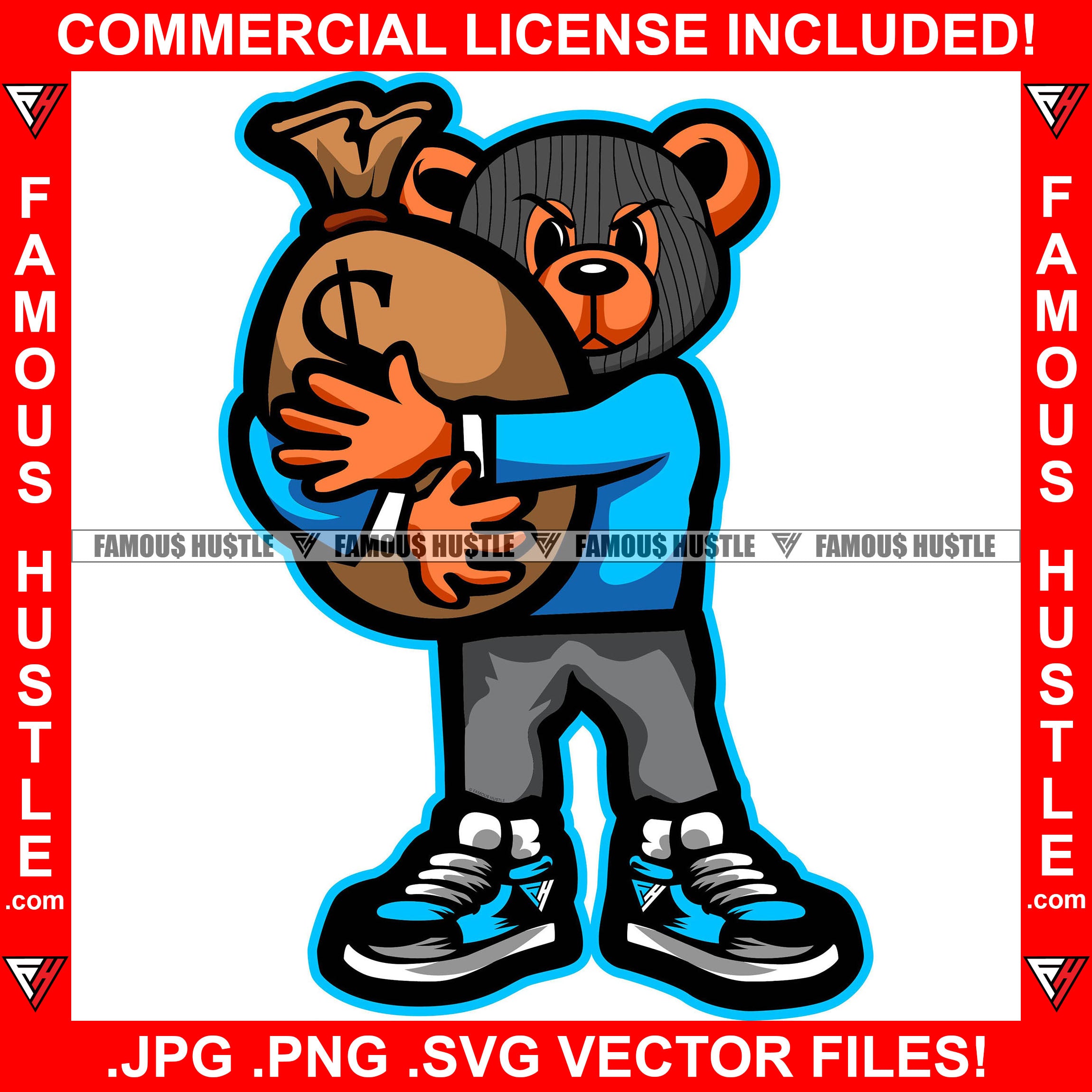 Gangster Teddy Bear Ski Mask Hugging Huge Cash Money Bag Sneakers Dripping Trap Trapper Burglar Thief Tattoo Hip Hop Rap Hustler Boss Drip Swag Famous Hustle Art Graphic Design Logo T-Shirt Print Printing JPG PNG SVG Vector Cut File
