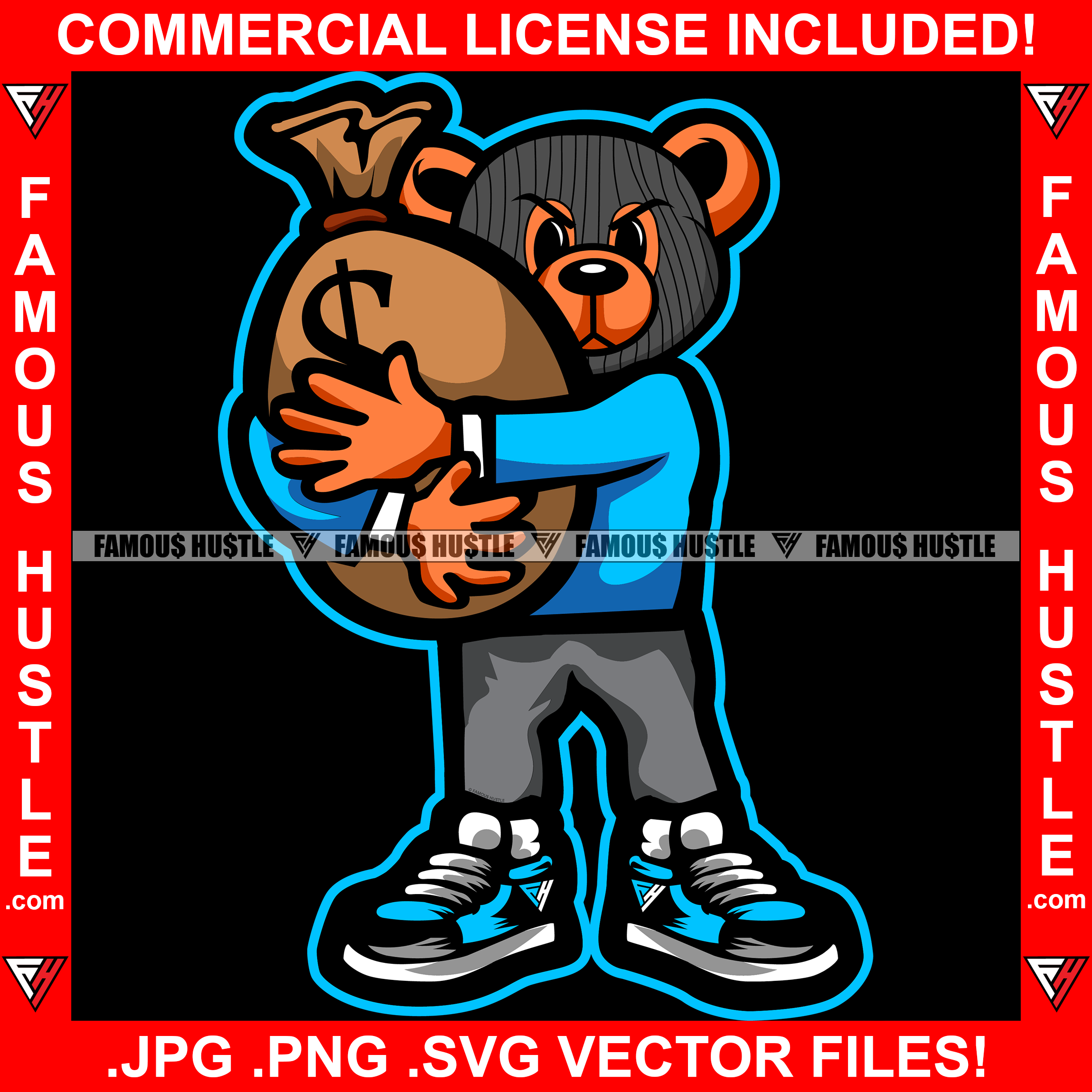 Gangster Teddy Bear Ski Mask Hugging Huge Cash Money Bag Sneakers Dripping Trap Trapper Burglar Thief Tattoo Hip Hop Rap Hustler Boss Drip Swag Famous Hustle Art Graphic Design Logo T-Shirt Print Printing JPG PNG SVG Vector Cut File