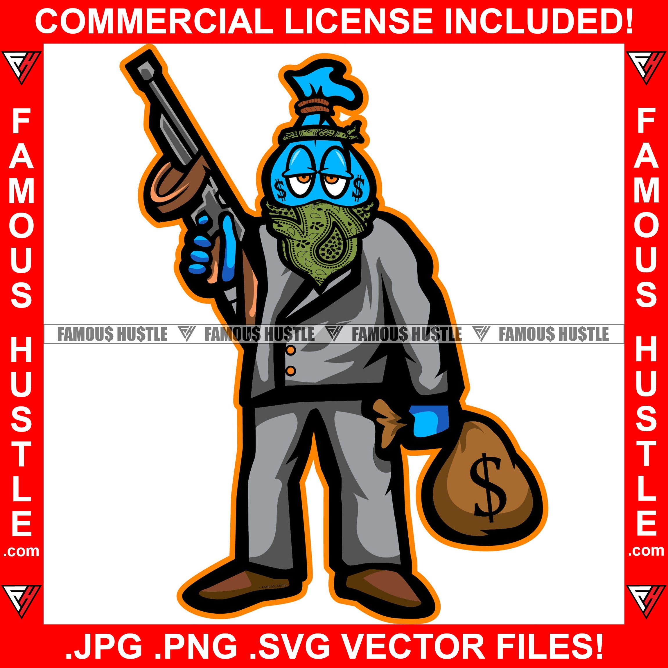 Famous Hustle Gangster Money Bag Cartoon Character Bandanna Face Mask Machine Gun Suit Cash Bag Dollar Sign Tattoo Mafia Mob Hustler Hustling Hip Hop Rap Rapper Art Graphic Design Logo T-Shirt Print Printing JPG PNG SVG Vector Cut File