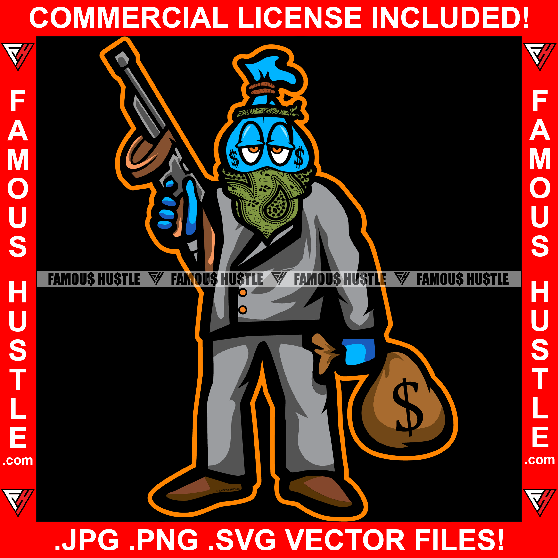 Famous Hustle Gangster Money Bag Cartoon Character Bandanna Face Mask Machine Gun Suit Cash Bag Dollar Sign Tattoo Mafia Mob Hustler Hustling Hip Hop Rap Rapper Art Graphic Design Logo T-Shirt Print Printing JPG PNG SVG Vector Cut File