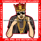 King Gangster Man Sunglasses Gold Plug Necklace Chain Rings Jewelry Hip Hop Rap Rapper Plug Trap Street Hood Ghetto Swag Thug Hustler Hustling Famous Hustle Baller Trapper Art Graphic Design Logo T-Shirt Print Printing JPG PNG SVG Vector Cut File