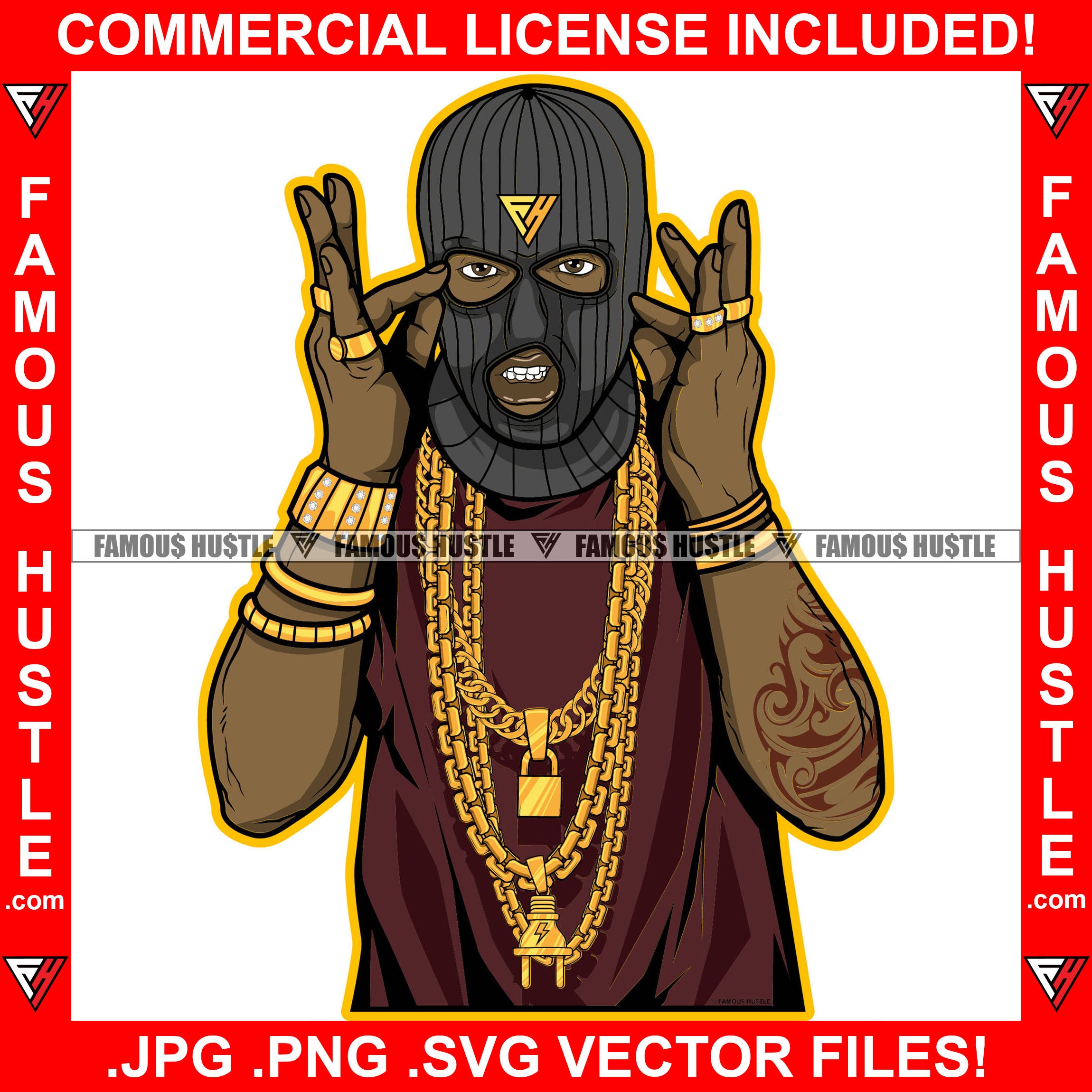 Gangster Hustle Black Male Man Ski Mask Lots Of Gold Jewelry Arm Tattoo Robber Face Mask Hip Hop Rap Rapper Plug Trap Street Hood Ghetto Thug Hustler Hustling Drip Famous Hustle Art Graphic Design Logo T-Shirt Print Printing JPG PNG SVG Vector Cut File