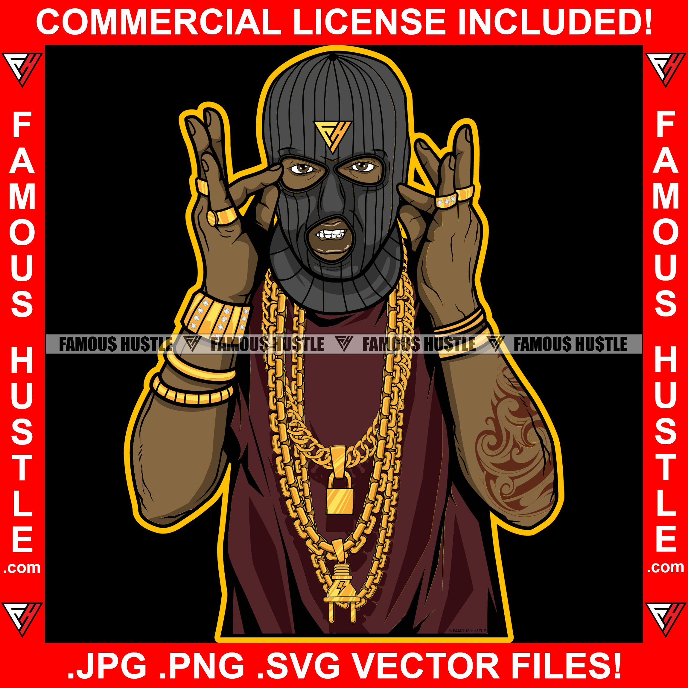 Gangster Hustle Black Male Man Ski Mask Lots Of Gold Jewelry Arm Tattoo Robber Face Mask Hip Hop Rap Rapper Plug Trap Street Hood Ghetto Thug Hustler Hustling Drip Famous Hustle Art Graphic Design Logo T-Shirt Print Printing JPG PNG SVG Vector Cut File