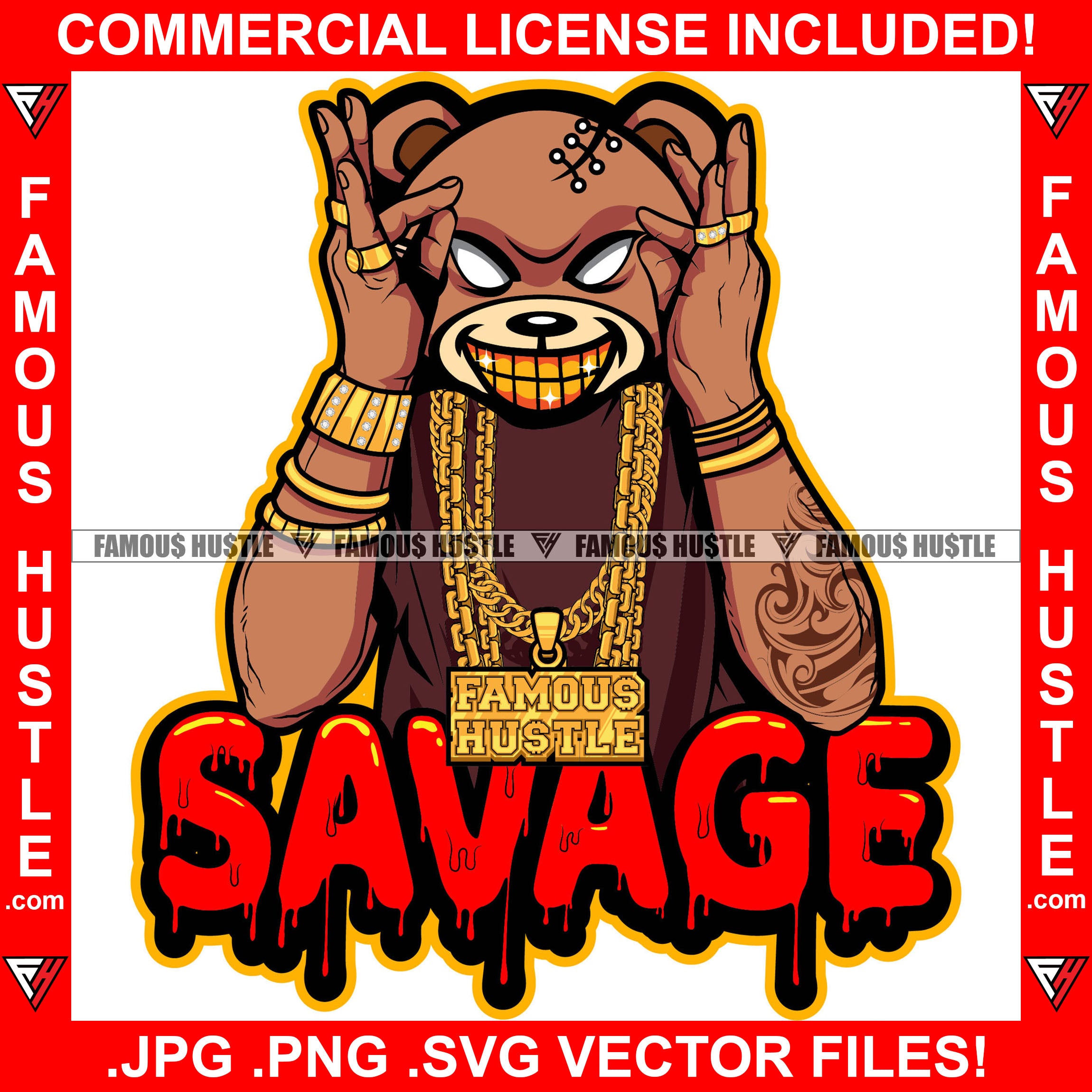 Famous Hustle Gangster Teddy Bear Gold Teeth Grinning Ski Mask Chains Jewelry Tattoo Robber Face Hip Hop Rap Rapper Plug Trap Street Hood Ghetto Thug Hustler Hustling Drip Quote Art Graphic Design Logo T-Shirt Print Printing JPG PNG SVG Vector Cut File