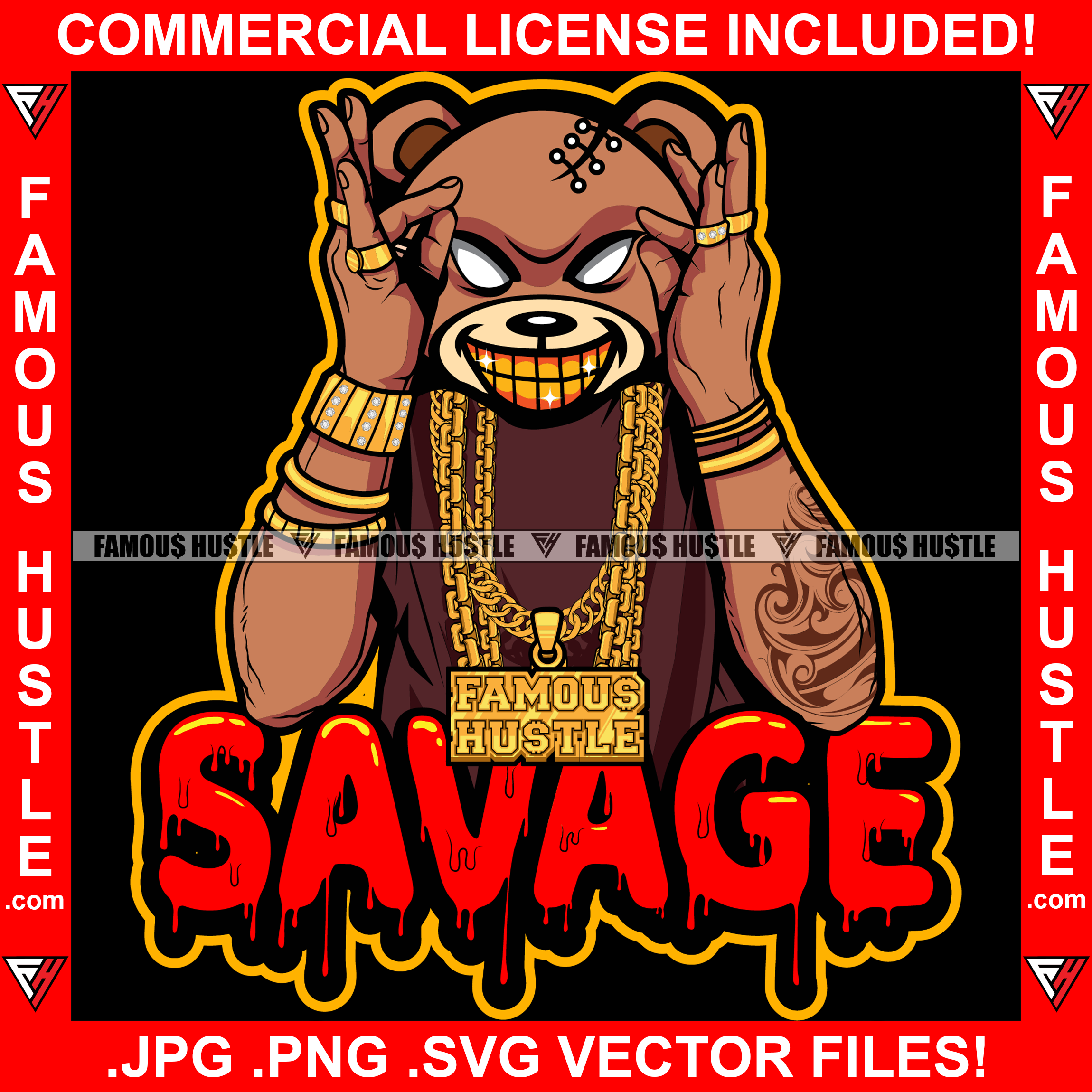 Famous Hustle Gangster Teddy Bear Gold Teeth Grinning Ski Mask Chains Jewelry Tattoo Robber Face Hip Hop Rap Rapper Plug Trap Street Hood Ghetto Thug Hustler Hustling Drip Quote Art Graphic Design Logo T-Shirt Print Printing JPG PNG SVG Vector Cut File