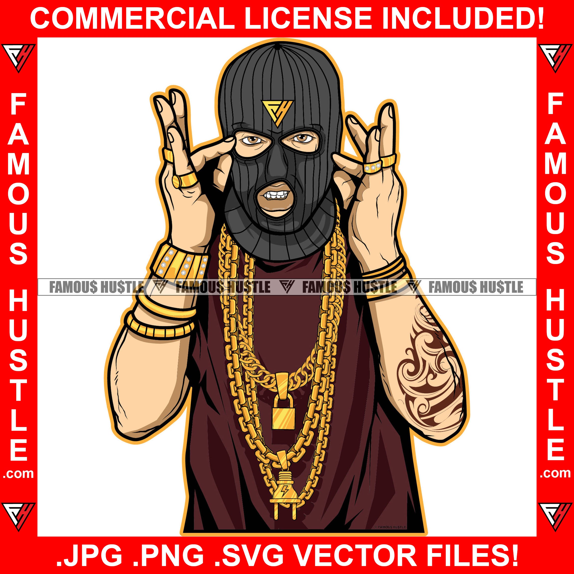 Gangster Hustle White Male Man Ski Mask Lots Of Gold Jewelry Arm Tattoo Robber Face Mask Hip Hop Rap Rapper Plug Trap Street Hood Ghetto Thug Hustler Hustling Drip Famous Hustle Art Graphic Design Logo T-Shirt Print Printing JPG PNG SVG Vector Cut File