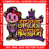 Street Hustler Female Lady Pink Teddy Bear Dollar Sign Eyes Girl Bow Gold Necklace Woman Jewelry Tattoo Hip Hop Rap Hustler Boss Drip Trap Hood Street Mafia Mob Famous Hustle Quote Art Graphic Design Logo T-Shirt Print Printing JPG PNG SVG Vector Cut File