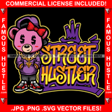 Street Hustler Female Lady Pink Teddy Bear Dollar Sign Eyes Girl Bow Gold Necklace Woman Jewelry Tattoo Hip Hop Rap Hustler Boss Drip Trap Hood Street Mafia Mob Famous Hustle Quote Art Graphic Design Logo T-Shirt Print Printing JPG PNG SVG Vector Cut File