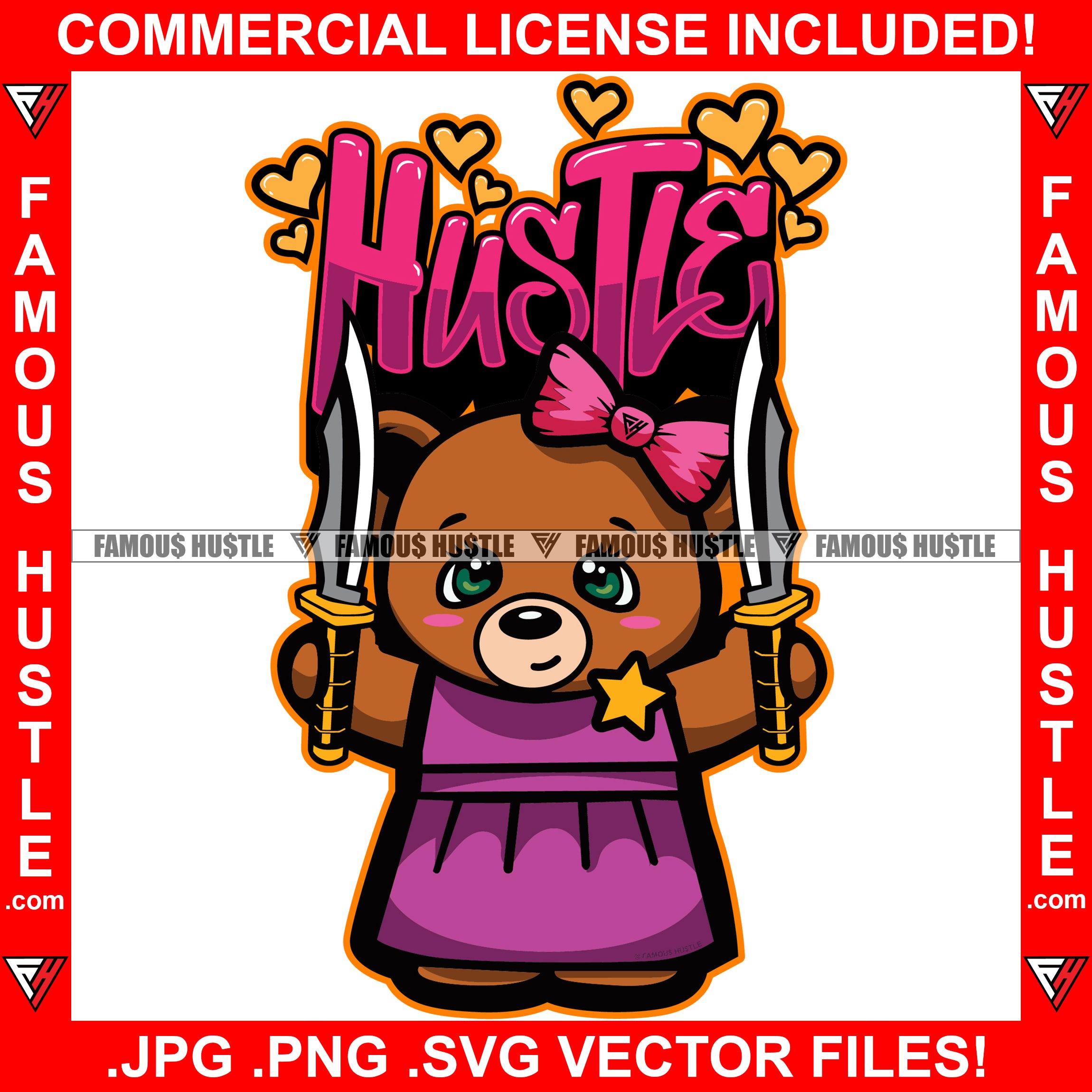 Hustle Female Lady Teddy Bear Pink Bow Holding Knife Hearts Love Make Cash Money Tattoo Hip Hop Rap Hustler Drip Plug Trap Hood Thug Street Mob Cartoon Famous Hustle Quote Art Graphic Design Logo T-Shirt Print Printing JPG PNG SVG Vector Cut File