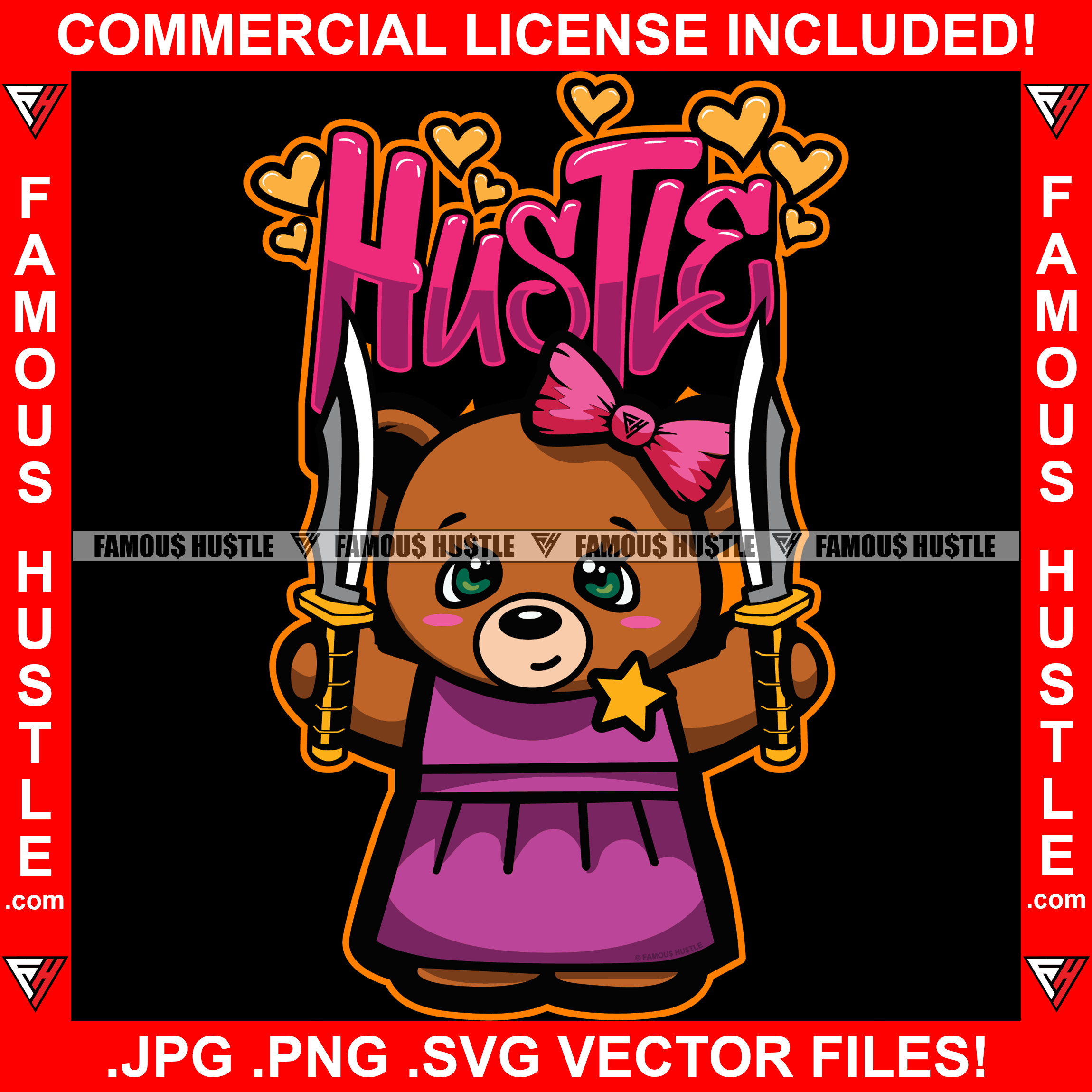 Hustle Female Lady Teddy Bear Pink Bow Holding Knife Hearts Love Make Cash Money Tattoo Hip Hop Rap Hustler Drip Plug Trap Hood Thug Street Mob Cartoon Famous Hustle Quote Art Graphic Design Logo T-Shirt Print Printing JPG PNG SVG Vector Cut File