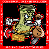 Famous Hustle Gangster 100 Dollar Bill Money Roll Cartoon Character Running Cash Money Bag Gold Jewelry Chain Hip Hop Hat Cap Sneakers Hip Hop Rap Hustler Drip Plug Trap Hood Tattoo Ghetto Quote Art Graphic Design Logo Print Printing Vector SVG Cut File