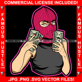 Street Sexy Gangster Lady Female Ski Mask White Eyes Victory Sign Cash Money Hands Hip Hop Rap Rapper Plug Trap Street Hood Ghetto Swag Thug Hustler Hustling Famous Hustle Art Graphic Design Logo T-Shirt Print Printing JPG PNG SVG Vector Cut File