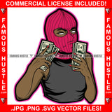 Street Black Sexy Gangster Lady Female Ski Mask White Eyes Victory Sign Cash Money Hands Hip Hop Rap Plug Trap Street Hood Ghetto Swag Thug Hustler Hustling Famous Hustle Art Graphic Design Logo T-Shirt Print Printing JPG PNG SVG Vector Cut File