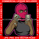 Street Black Sexy Gangster Lady Female Ski Mask White Eyes Victory Sign Cash Money Hands Hip Hop Rap Plug Trap Street Hood Ghetto Swag Thug Hustler Hustling Famous Hustle Art Graphic Design Logo T-Shirt Print Printing JPG PNG SVG Vector Cut File
