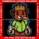 Hustle Teddy Bear King Crown Dollar Sign Eyes Drinking Alcohol Beer Gold Chain Necklace Bracelet Jewelry Cash Money Bags Hip Hop Rap Rapper Plug Trap Street Hood Ghetto Hustler Drip Bad Boy Art Graphic Design Print Printing Vector SVG Cut File