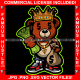 Famous Hustle Dripping Gangster Teddy Bear King Dollar Sign Eyes Cash Roll Money Bag Sneakers Gold Jewelry Hip Hop Rap Rapper Plug Trap Ghetto Hustler Hustling Trapper Art Graphic Design Logo T-Shirt Print Printing JPG PNG SVG Vector Cut File