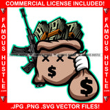 Money Power Mafia Cash Money Bag Cross Eyes Dollar Sign Cash Bags Machine Gun Hip Hop Rap Plug Trap Hood Ghetto Swag Thug Hustler Hustling Famous Hustle Baller Trapper Art Graphic Design Logo T-Shirt Print Printing JPG PNG SVG Vector Cut File