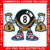 Famous Hustle Gangster Eightball Eight 8 Ball Gold Chain Necklace Holding Money Bags In Both Hands Drug Dealer Hip Hop Rap Rapper Plug Trap Street Hood Ghetto Hustler Hustling Drip Art Graphic Design Logo T-Shirt Print Printing JPG PNG SVG Vector Cut File