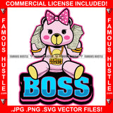 Boss Famous Hustle Adorable Female Gangster Pink Teddy Bear Girl Cell Phone Cash Money Stacks Gold Chain Necklace Pink Bow Trap Street Hustler Hustling Drip Rich Adorable Quote Art Graphic Design Logo Print Printing Vector SVG Cut File