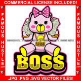 Boss Famous Hustle Adorable Female Gangster Pink Teddy Bear Girl Cell Phone Cash Money Stacks Gold Chain Necklace Pink Bow Trap Street Hustler Hustling Drip Rich Adorable Quote Art Graphic Design Logo Print Printing Vector SVG Cut File