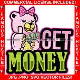 Get Money Gangster Adorable Female Gangster Pink Teddy Bear Girl Pink Bow Gold Teeth Jewelry Cash Mean Smile Hip Hop Trap Ghetto Swag Thug Hustler Hustling Famous Hustle Quote Art Graphic Design Logo T-Shirt Print Printing JPG PNG SVG Vector Cut File