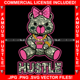 Pink Female Money Teddy Bear Made Of $100 Bills Cash Pattern Woman Polk-A-Dot Bow Gangster Girl Gold Chain Lady Tattoo Hip Hop Rap Hustler Drip Trap Hood Thug Famous Hustle Quote Art Graphic Design Logo T-Shirt Print Printing JPG PNG SVG Vector Cut File