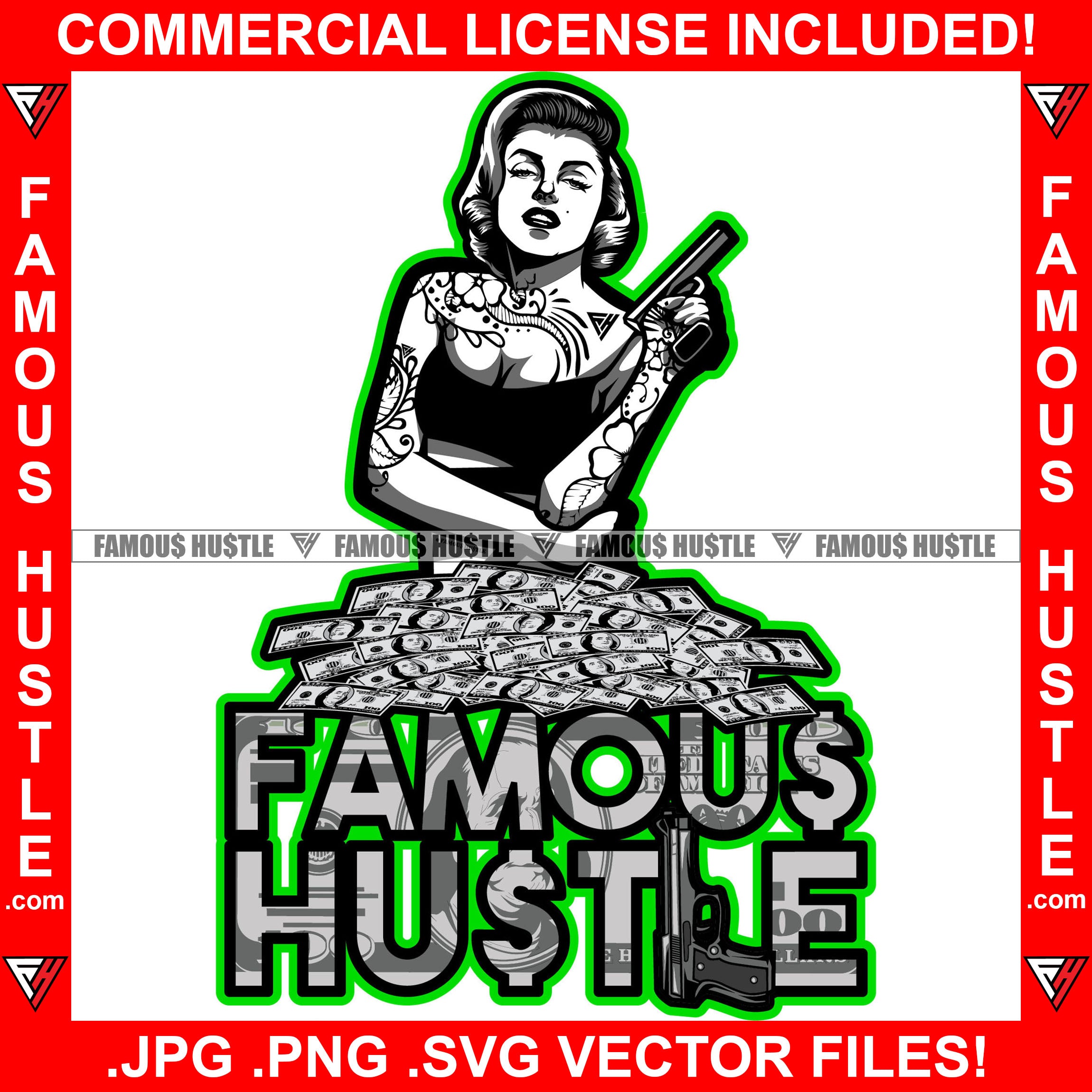 Famous Hustle Sexy Gangster Lady Female Tattoos Lady Gun Girl Cash Money Woman Purple Border Trending Design Fashion Vintage Retro 50's 1950's Hip Hop Hustler Pinup Pin Up Quote Art Graphic Design Logo T-Shirt Print Printing JPG PNG SVG Vector Cut File