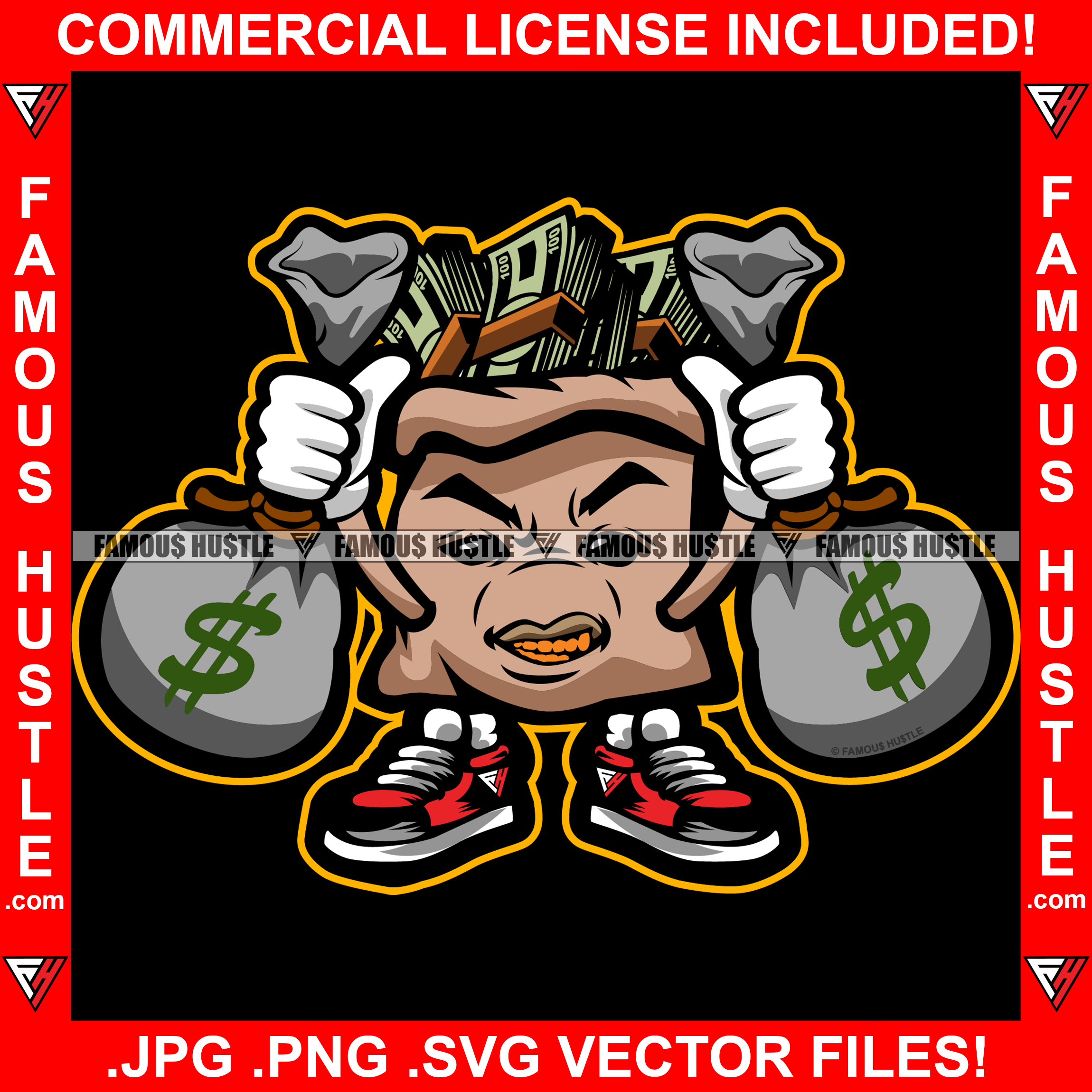 Money Never Sleeps Bag Mean Face Gold Teeth Cash Bags In Hands Sneaker ...