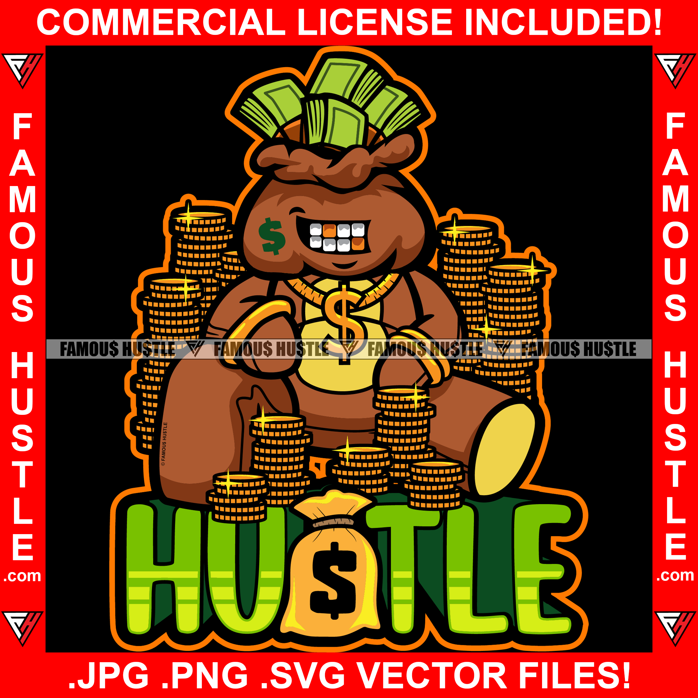 Hustle Money Bag Cartoon Character Gold Teeth Sitting In Cash Gold Coins Dollar Sign Jewelry Teeth Hip Hop Rap Plug Trap Street Hood Ghetto Swag Thug Drip Dripping Baller Art Graphic Design Logo T-Shirt Print Printing JPG PNG SVG Vector Cut File