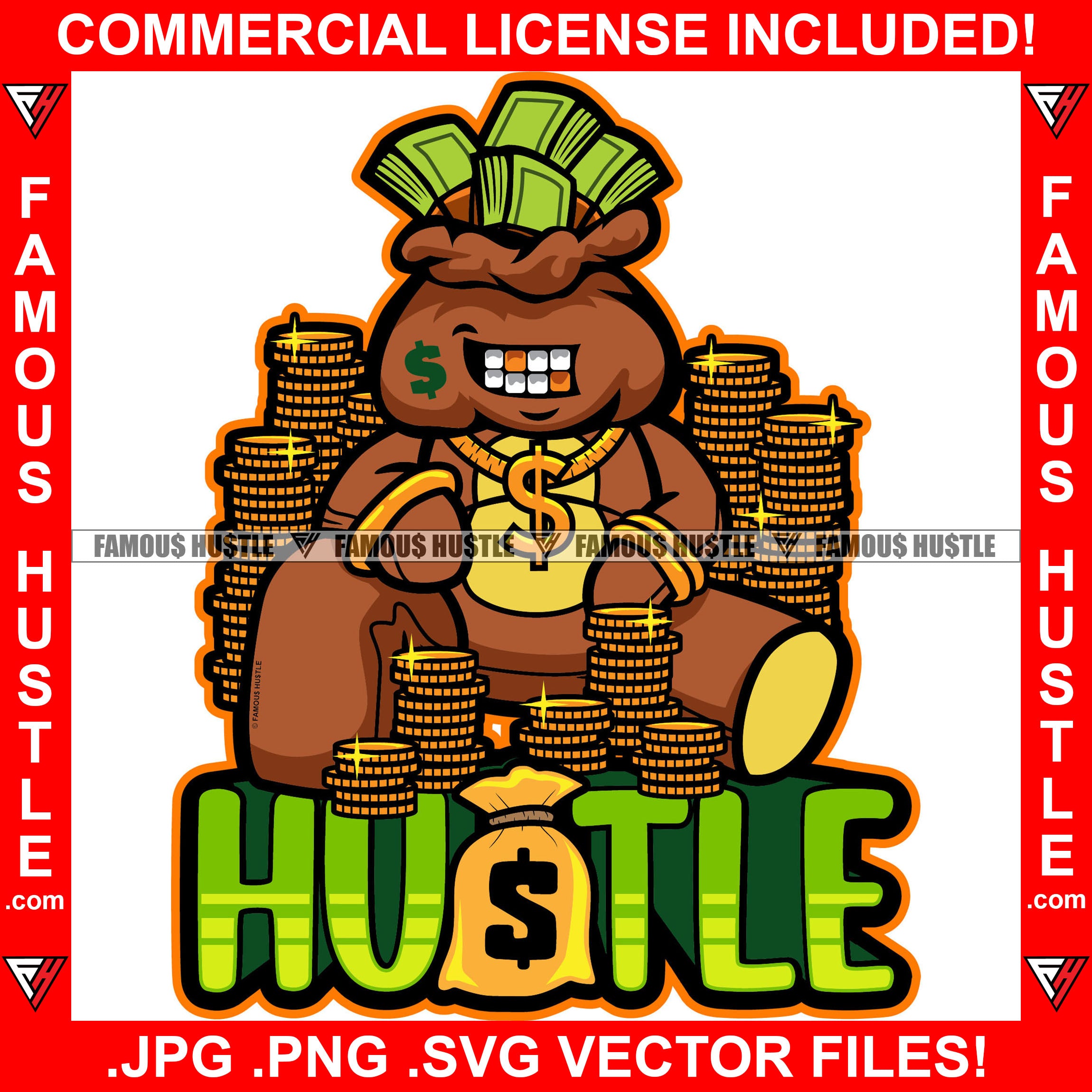 Hustle Money Bag Cartoon Character Gold Teeth Sitting In Cash Gold Coins Dollar Sign Jewelry Teeth Hip Hop Rap Plug Trap Street Hood Ghetto Swag Thug Drip Dripping Baller Art Graphic Design Logo T-Shirt Print Printing JPG PNG SVG Vector Cut File