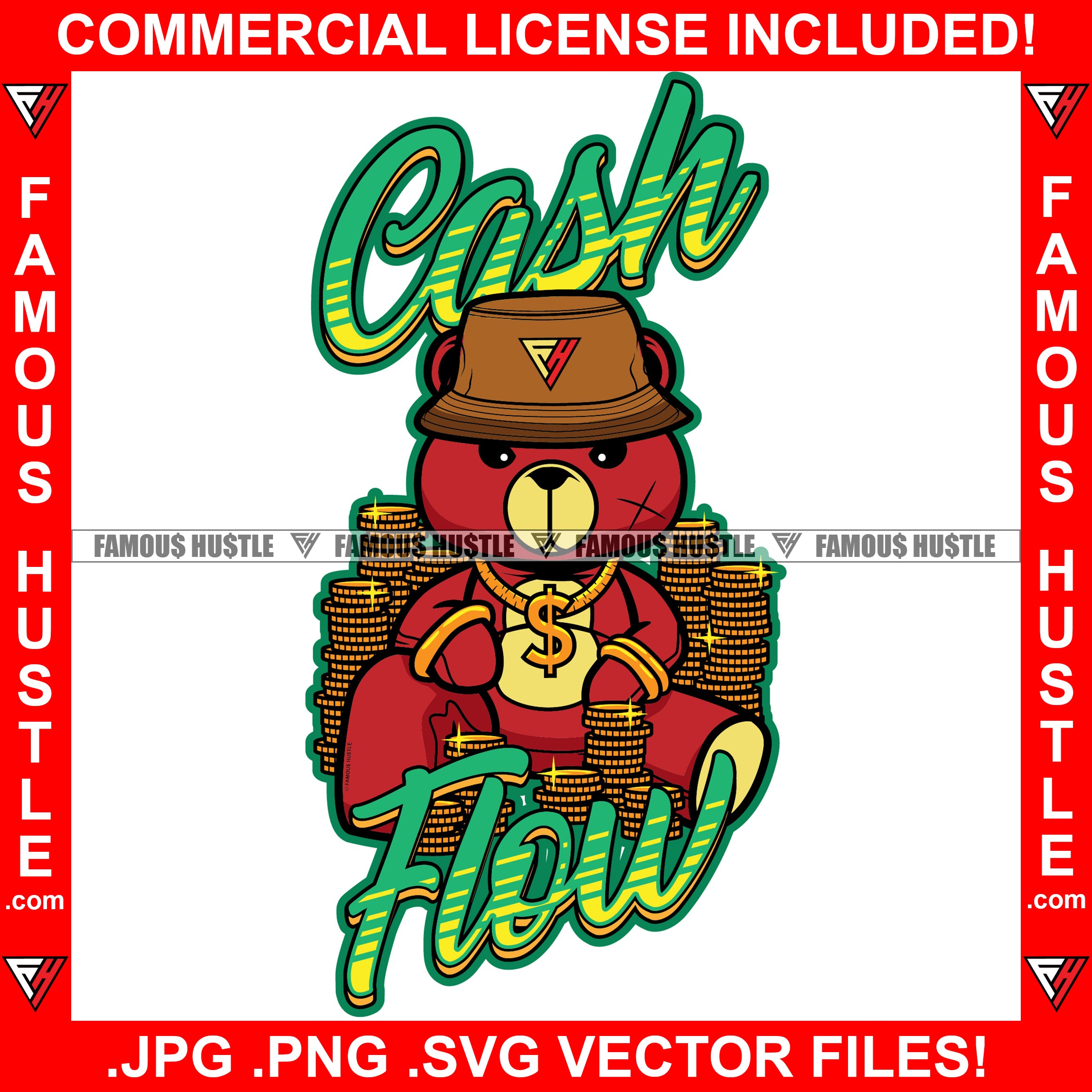 Cash Flow Rich Hustle Teddy Bear Bucket Hat Dollar Sign Gold Chain Jewelry Coins Tattoo Hip Hop Rap Hustler Drip Trap Hood Thug Gang Street Mafia Mob Ghetto Famous Hustle Quote Art Graphic Design Logo T-Shirt Print Printing JPG PNG SVG Vector Cut File