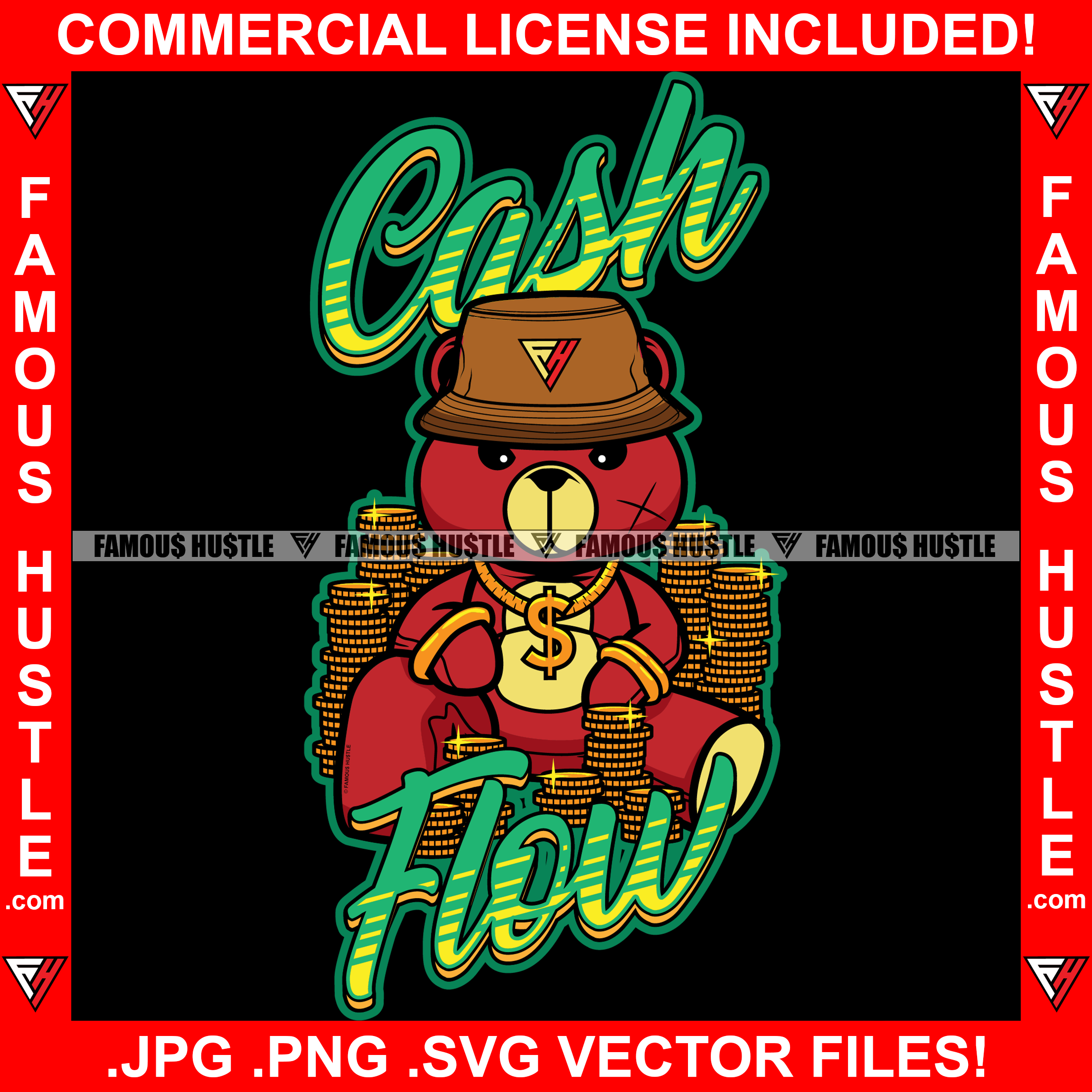 Cash Flow Rich Hustle Teddy Bear Bucket Hat Dollar Sign Gold Chain Jewelry Coins Tattoo Hip Hop Rap Hustler Drip Trap Hood Thug Gang Street Mafia Mob Ghetto Famous Hustle Quote Art Graphic Design Logo T-Shirt Print Printing JPG PNG SVG Vector Cut File