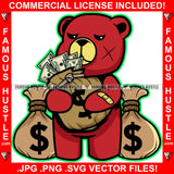 Oh My Cash! Gangster Red Teddy Bear Scar Angry Face Money Bags Hip Hop Rap Rapper Plug Trap Street Hood Ghetto Swag Thug Hustler Hustling Famous Hustle Baller Trapper Art Graphic Design Logo T-Shirt Print Printing JPG PNG SVG Vector Cut File