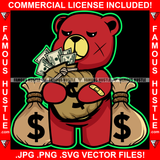 Oh My Cash! Gangster Red Teddy Bear Scar Angry Face Money Bags Hip Hop Rap Rapper Plug Trap Street Hood Ghetto Swag Thug Hustler Hustling Famous Hustle Baller Trapper Art Graphic Design Logo T-Shirt Print Printing JPG PNG SVG Vector Cut File