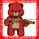 Red Gangster Teddy Bear Scar Angry Face Gold Necklace Pistol Guns Gang Thug Life Hip Hop Rap Plug Trap Street Hood Ghetto Swag Thug Hustler Hustling Famous Hustle Baller Trapper Art Graphic Design Logo T-Shirt Print Printing JPG PNG SVG Vector Cut File