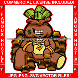 Famous Hustle Money Bag Cartoon Character Gold Teeth Cash Gold Coins Dollar Sign Jewelry Teeth Hip Hop Rap Plug Trap Street Hood Ghetto Swag Thug Drip Dripping Baller Famous Art Graphic Design Logo T-Shirt Print Printing JPG PNG SVG Vector Cut File