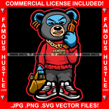 Money Over Bitches Gangster Teddy Bear Ski Mask Showing Gold Teeth Necklace Chain Jewelry Mobile Phone Tattoo Hip Hop Rap Hustler Boss Drip Swag Art Graphic Design Logo T-Shirt Print Printing JPG PNG SVG Vector Cut File