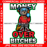 Money Over Bitches Gangster Teddy Bear Ski Mask Showing Gold Teeth Necklace Chain Jewelry Mobile Phone Tattoo Hip Hop Rap Hustler Boss Drip Swag Art Graphic Design Logo T-Shirt Print Printing JPG PNG SVG Vector Cut File