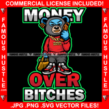 Money Over Bitches Gangster Teddy Bear Ski Mask Showing Gold Teeth Necklace Chain Jewelry Mobile Phone Tattoo Hip Hop Rap Hustler Boss Drip Swag Art Graphic Design Logo T-Shirt Print Printing JPG PNG SVG Vector Cut File