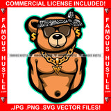 Famous Hustle Dripping Gangster Boss Teddy Bear Head Bandanna Black Sunglasses Gold Jewelry Dollar Sign Earrings Street Ghetto Hip Hop Rap Rapper Art Graphic Design Logo T-Shirt Print Printing JPG PNG SVG Vector Cut File