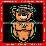 Famous Hustle Dripping Gangster Boss Teddy Bear Head Bandanna Black Sunglasses Gold Jewelry Dollar Sign Earrings Street Ghetto Hip Hop Rap Rapper Art Graphic Design Logo T-Shirt Print Printing JPG PNG SVG Vector Cut File