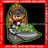 Famous Hustle Gangster Teddy Bear Head Bandanna Black Glasses Dollar Sign Earrings Cash Money Plate Full Hip Hop Rap Plug Trap Street Hood Ghetto Swag Thug Hustler Trapper Art Graphic Design Logo T-Shirt Print Printing JPG PNG SVG Vector Cut File