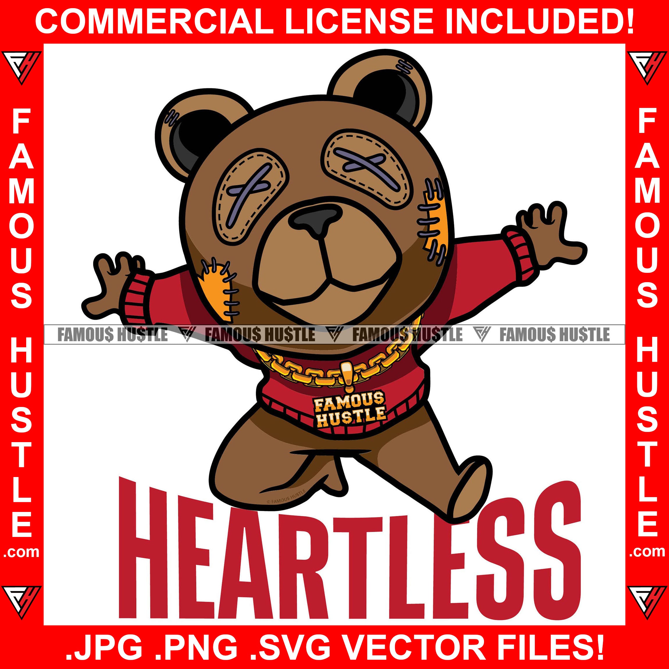 Heartless Gangster Teddy Bear Stitched Eyes Patch No Heart Gold Chain Necklace College Sweater Jumping Hip Hop Rap Trap Street Hood Ghetto Thug Hustler Hustling Famous Hustle Quote Art Graphic Design Logo T-Shirt Print Printing JPG PNG SVG Vector Cut File