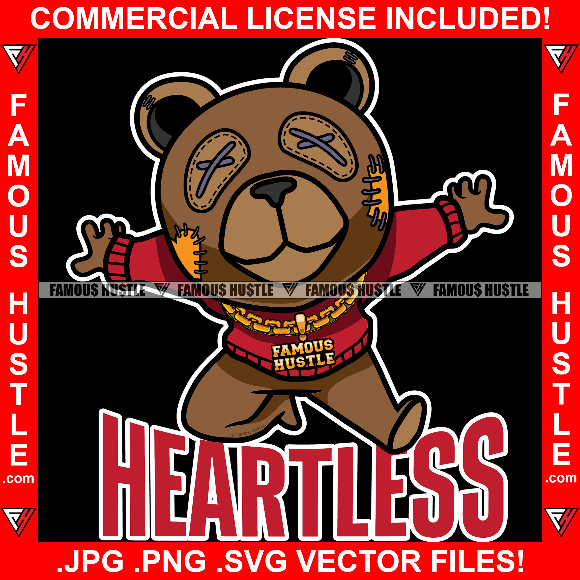 Heartless Gangster Teddy Bear Stitched Eyes Patch No Heart Gold Chain Necklace College Sweater Jumping Hip Hop Rap Trap Street Hood Ghetto Thug Hustler Hustling Famous Hustle Quote Art Graphic Design Logo T-Shirt Print Printing JPG PNG SVG Vector Cut File