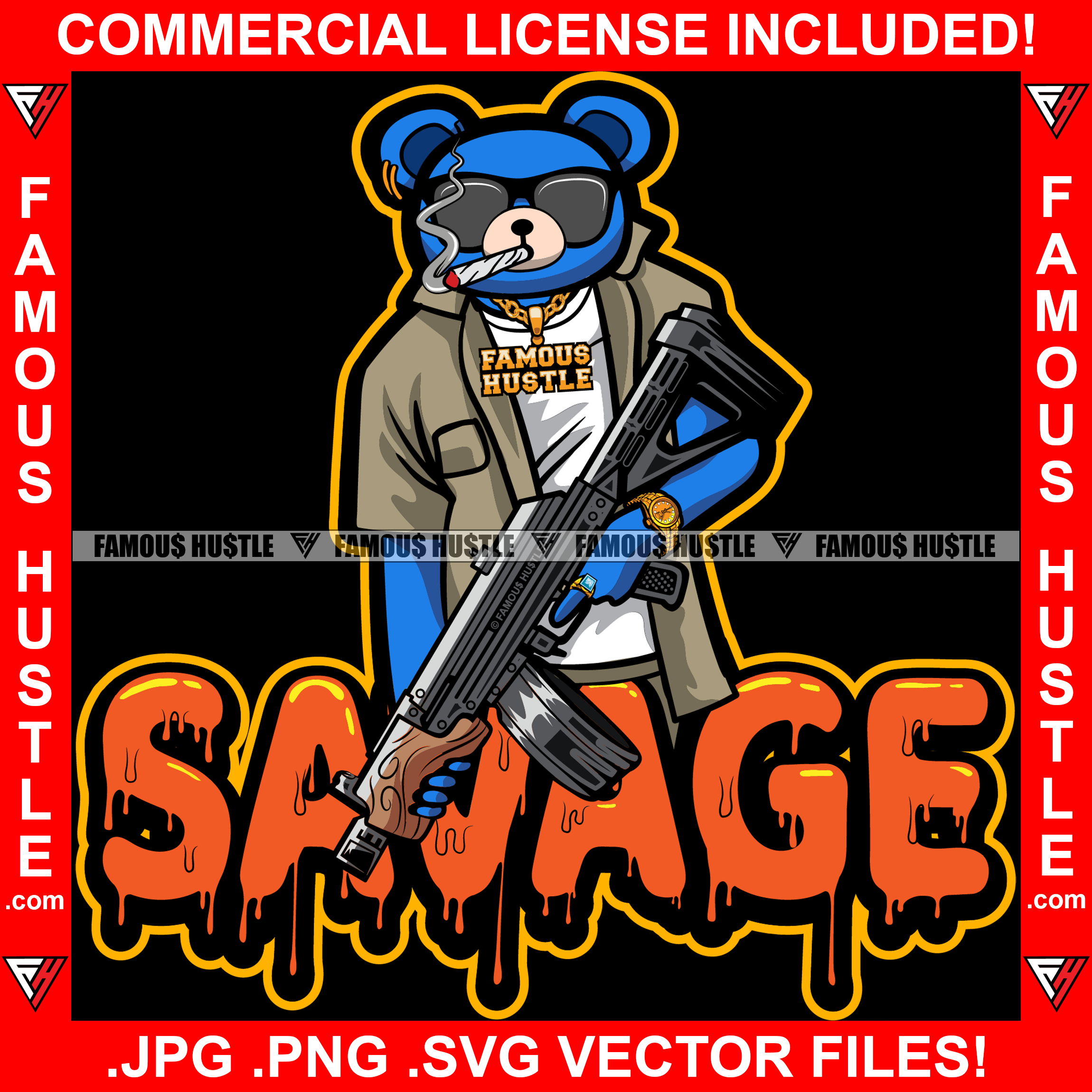 Savage Dripping Drip Gangster Teddy Bear Smoking Cigar Cigarette Marijuana Pot Blunt Sunglasses Machine Gun Hip Hop Rap Plug Trap Street Hood Ghetto Swag Thug Drip Boss Quote Art Graphic Design Logo T-Shirt Print Printing JPG PNG SVG Vector Cut File