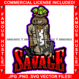 Savage Gangster Black Cash Money Bag Cartoon Character Face Tattoos Gold Teeth Jewelry Machine Gun Hip Hop Rap Street Hood Ghetto Swag Thug Hustler Drip Gangsta Famous Hustle Quote Rich Trap Art Graphic Design Print Printing Vector SVG Cut File