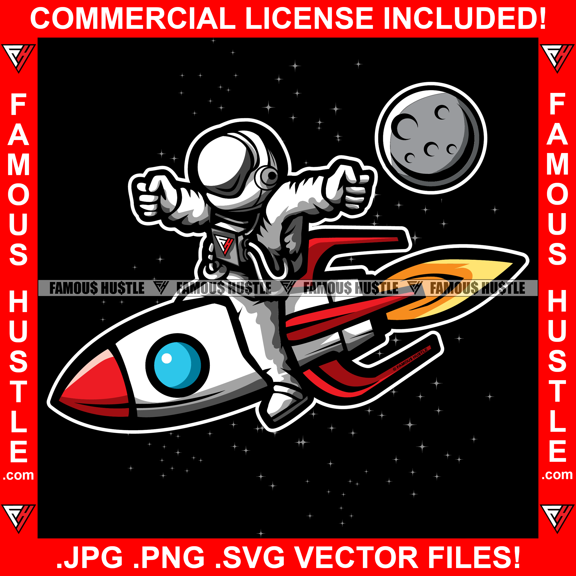 Hustle Male Astronaut In Space Suit Sitting On Rocket In Outer Space Boy Near Planet Moon Spaceman Astronomy Hip Hop Rap Rapper Hustler Hustling Famous Hustle Artwork Art Graphic Design Logo T-Shirt Print Printing JPG PNG SVG Vector Cut File