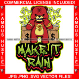 Make It Rain Gangster Red Teddy Bear Scar Angry Face Showing Teeth Gold Dollar Sign Necklace Jewelry Cash Money Bag Falling Hip Hop Rap Street Swag Thug Famous Hustle Quote Art Graphic Design Logo T-Shirt Print Printing JPG PNG SVG Vector Cut File