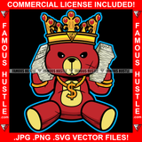 Got Money King Gangster Red Teddy Bear Scar Face Cash Stacks Bundles Both Hands Dollar Sign Gold Necklace Hip Hop Rap Plug Hood Ghetto Swag Thug Hustling Famous Hustle Art Graphic Design Logo T-Shirt Print Printing JPG PNG SVG Vector Cut File